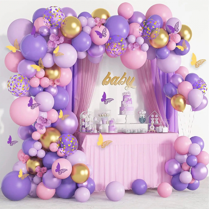 Set baloane Arch Kit 108 piese violet, roz, auriu cu confetti. [1]