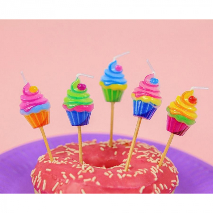 Lumânări pe Băț 7.5cm, în formă de Cupcakes, 5 Bucati, Multicolor [2]