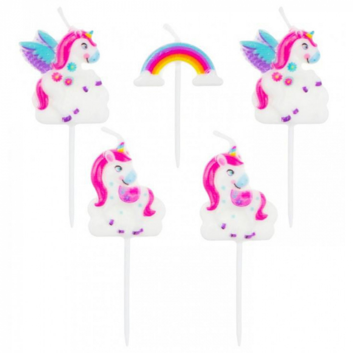 Lumânări pe Băț  în formă de  Unicorn, 5 Bucati, Roz/Alb [1]