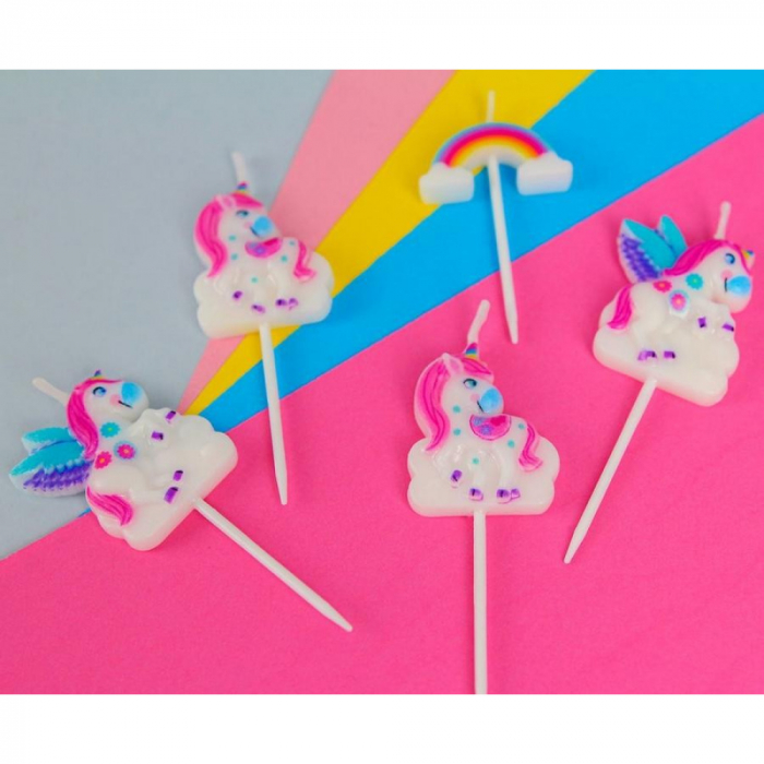 Lumânări pe Băț  în formă de  Unicorn, 5 Bucati, Roz/Alb [2]