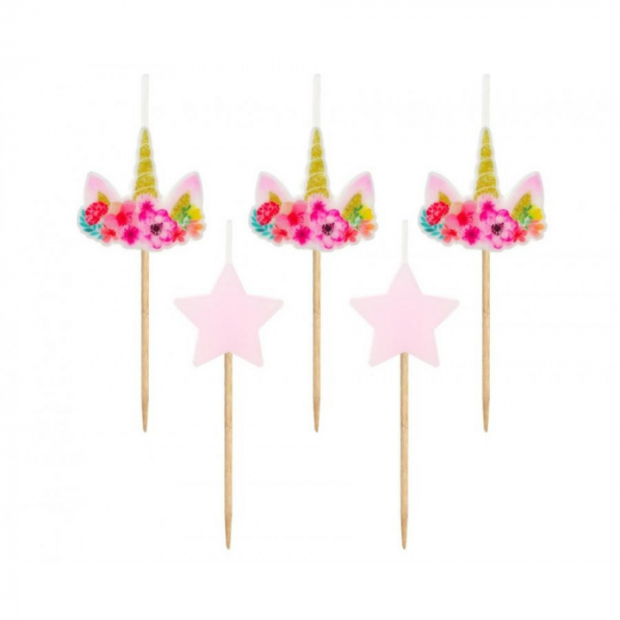 Lumânări pe Băț 7cm, în formă de Unicorn, 5 Bucati, Roz [1]