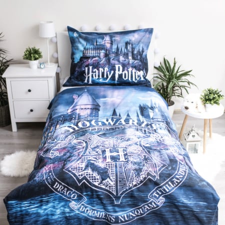 Lenjerie de pat Harry Potter Hogwarts, 2 Piese, 140x200 cm, 70×90 cm, 100% Bumbac, Fosforescent [1]