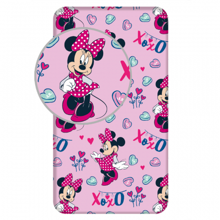 Bedsheet - Cearceaf  Disney Minnie XoXo cu margini elastice, roz, 100% bumbac, 90x200 cm+25cm
