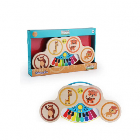 Jucării - Jucarie interactiva muzicala pentru bebelusi, Magic Touch, pian si set tobe din lemn pentru invatare Montessori timpurie, Albastra