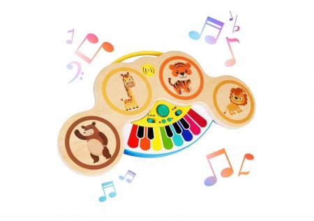 Jucarie interactiva muzicala pentru bebelusi, Magic Touch, pian si set tobe din lemn pentru invatare Montessori timpurie, Albastra [2]