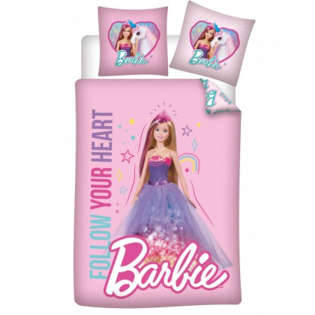 Lenjerii Disney si non-licentiate - Lenjerie de pat Barbie Follow Your Heart, 2 Piese, 100×135 cm, 40x60, 100% Bumbac
