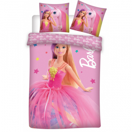 Lenjerii Disney si non-licentiate - Lenjerie de pat Barbie si Unicorn Kids, 2 Piese, 100×135 cm, 40×60 cm, 100% Bumbac