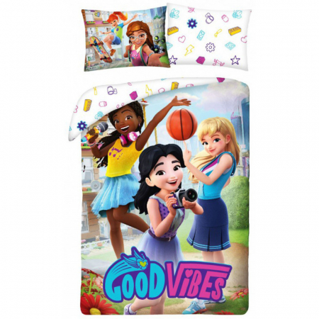 Duvet cover - Lenjerie de pat Lego Friends Good Vibes, 2 Piese, 2 Fete, 140×200 cm, 70×90 cm, 100% Bumbac, Multicolor