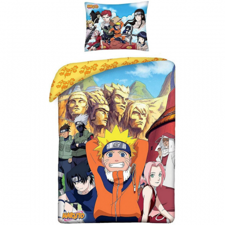 Duvet cover - Lenjerie de pat Naruto Konoha, 2 Fete, 2 Piese, 140×200 cm, 70×90 cm, 100% Bumbac, Multicolor