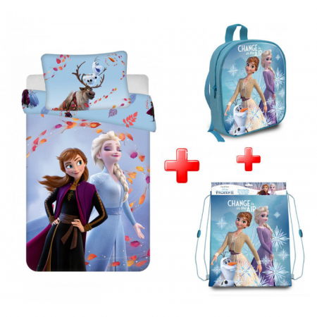 Duvet cover - Lenjerie de pat Disney Frozen, 2 Piese, 100x135cm, 40x60 cm, 100% Bumbac + Ghiozdan + Rucsac