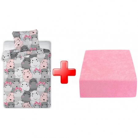 Duvet cover - Lenjerie de pat Hippo, 2 Piese, 100x135cm, 40x60 cm, 100% Bumbac + Cearceaf Roz CADOU