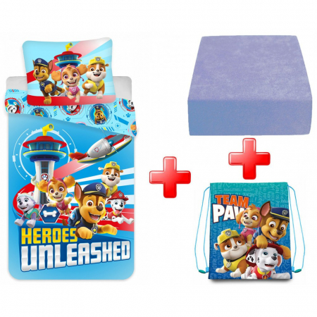Bedroom - Lenjerie de pat Paw Patrol, 2 Piese, 100x135cm, 40x60 cm, 100% Bumbac CADOU Cearceaf  Albastru + Rucsac