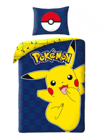 Lenjerii Disney si non-licentiate - Lenjerie de pat Pokémon Joyful Pikachu, 2 Fete, 2 Piese, 140×200 cm, 70×90 cm, 100% Bumbac, Calitate High Class