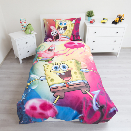Lenjerie de pat SpongeBob, 2 Fete, 2 Piese, 140×200cm, 70×90 cm, 100% Bumbac. [1]