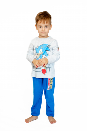 Pijama copii, cu maneca si pantalon lung, Sonic, 100% Bumbac, Gri/Albastru [3]