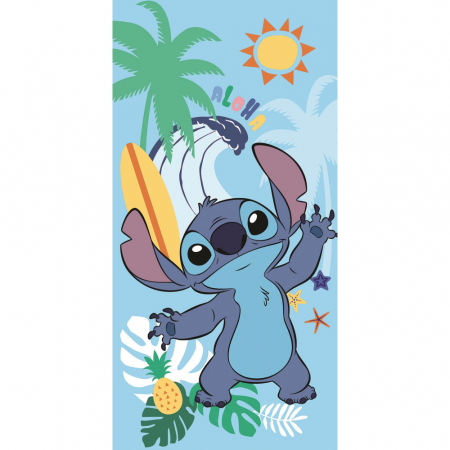 Soare, Joacă și vacanță - Prosop de plajă  Disney Lilo and Stitch, Albastru, 70x140 cm, 100% Bumbac