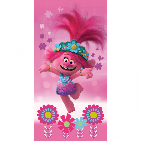 Soare, Joacă și vacanță - Prosop de plajă Trolls Fun, Roz, 70x140 cm, 100% Bumbac