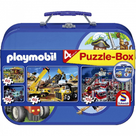 Jucării - Servieta 4 Puzzle Playmobil, Albastru, 2x60, 2x100, 4+ ani