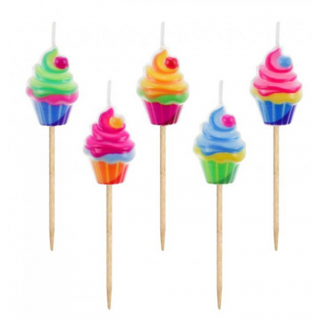 Cake decorations - Lumânări pe Băț 7.5cm, în formă de Cupcakes, 5 Bucati, Multicolor