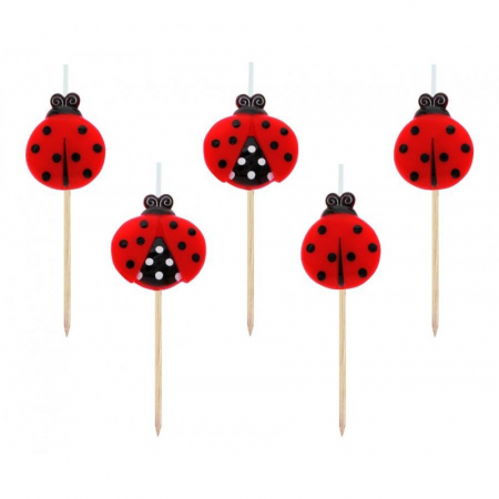 Cake decorations - Lumânări pe Băț 7cm, în formă de Miraculous Buburuza 5 Bucati, Rosu