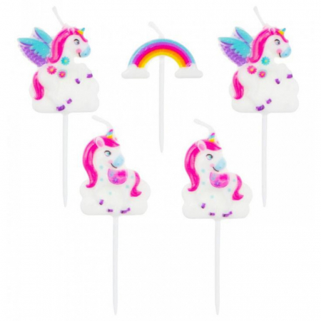 Cake decorations - Lumânări pe Băț  în formă de  Unicorn, 5 Bucati, Roz/Alb