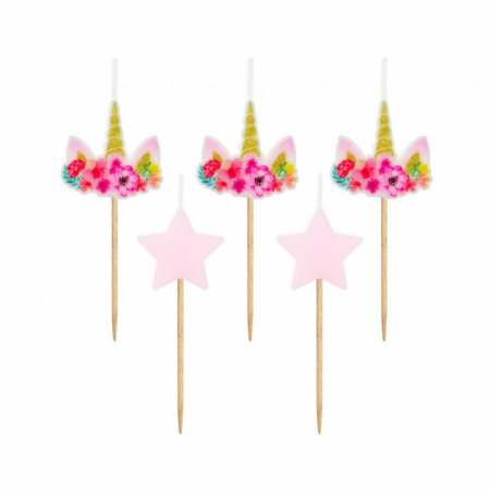 Cake decorations - Lumânări pe Băț 7cm, în formă de Unicorn, 5 Bucati, Roz