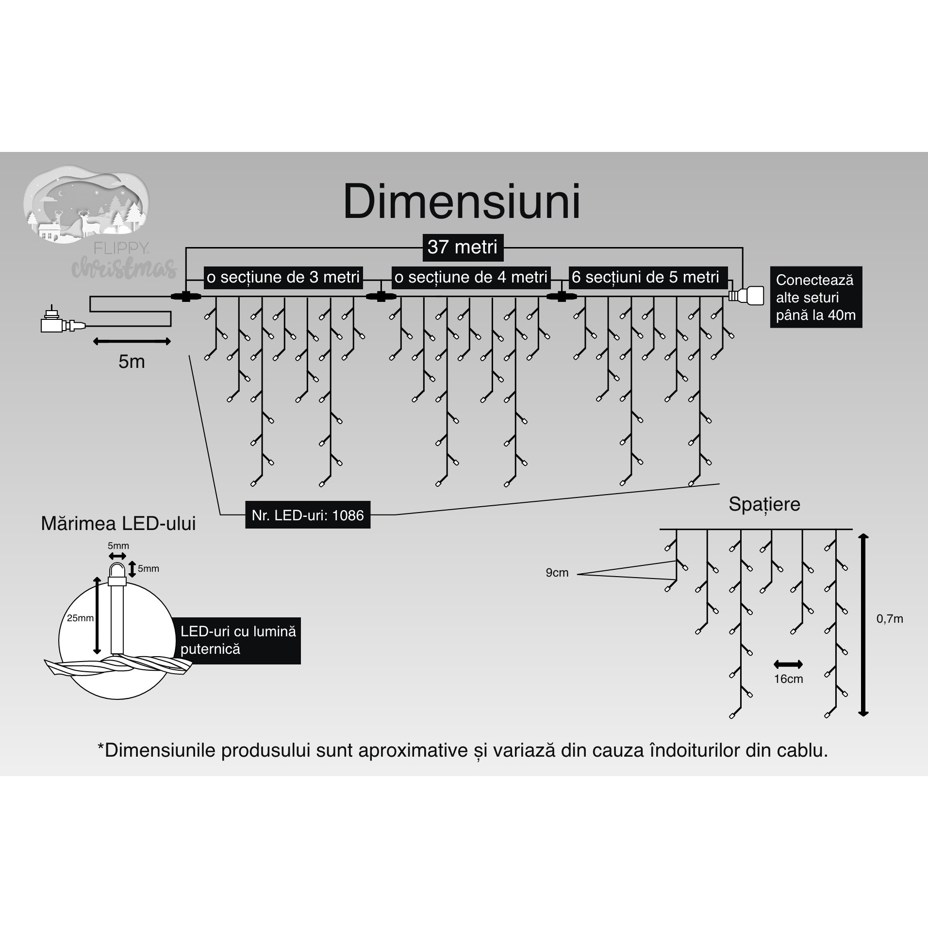 Instalatie Craciun, 37 m, 1086 Led-uri ,Franjuri, Alb cald, Flash, Transformator cu telecomanda, Interconectabila, Prelungitor 5 m inclus, Fir Negru, Flippy [3]