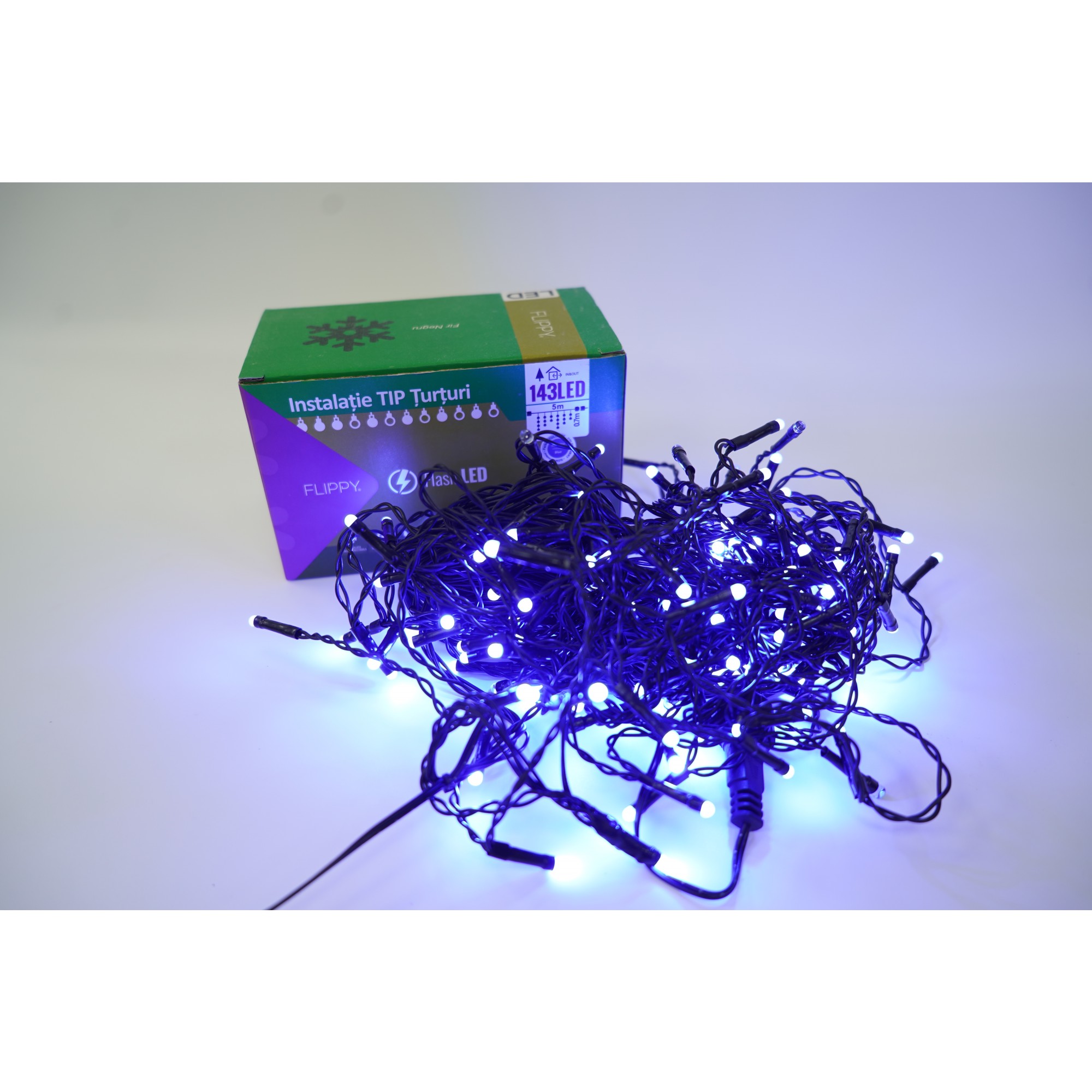 Turturi / Franjuri - Instalatie de Craciun Flippy® Tip Turturi, Franjuri cu Flash, Sectiune 5 m, 143 LED-uri, Interconectabila, Fir Negru, Albastru