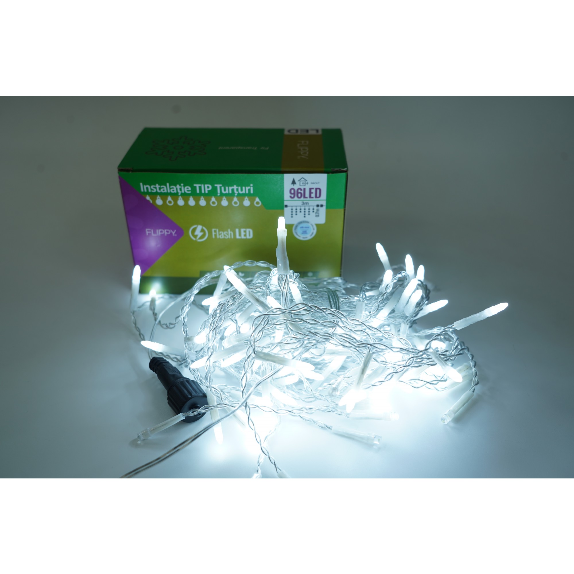Turturi / Franjuri - Instalatie de Craciun Flippy® Tip Turturi, Franjuri cu Flash, Sectiune 3 m, 96 LED-uri, Interconectabila, Fir Transparent, Alb Rece
