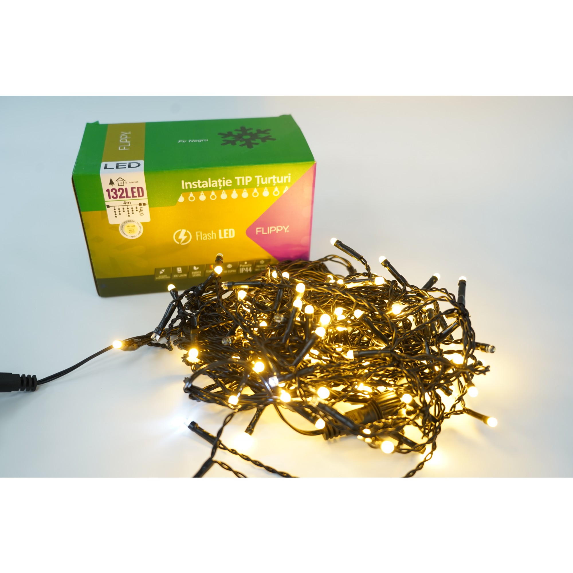 Turturi / Franjuri - Instalatie de Craciun Flippy® Tip Turturi, Franjuri cu Flash, Sectiune 4 m, 132 LED-uri, Interconectabila, Fir Negru, Alb Cald