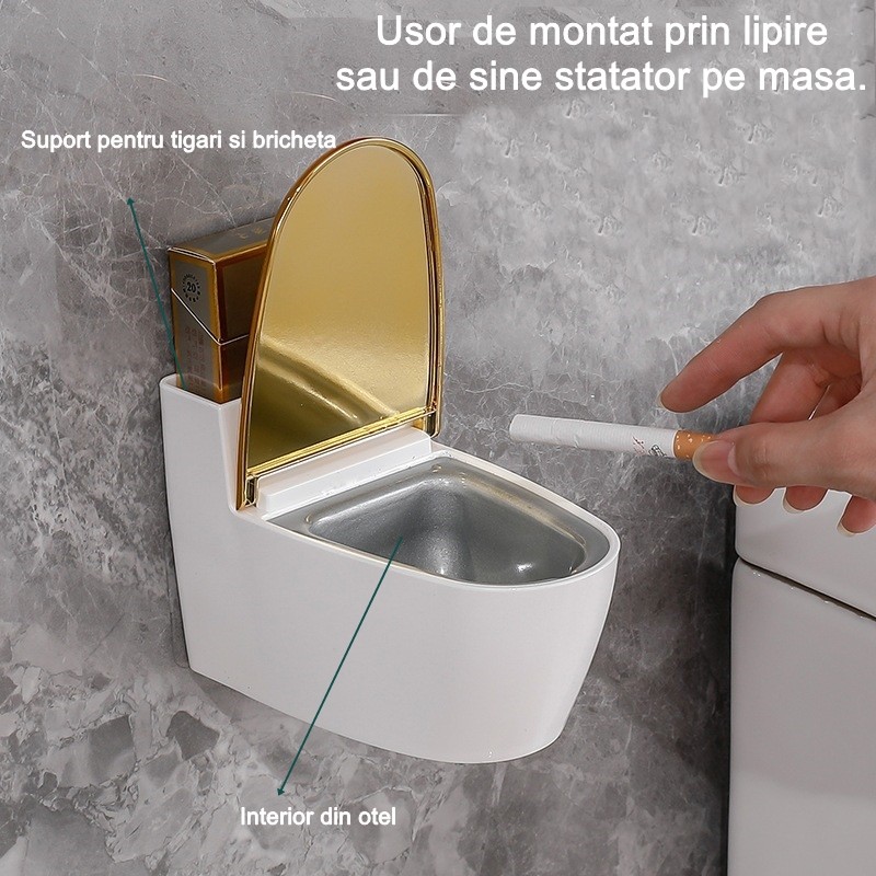 Scrumiera creativa Flippy, Forma de Toaleta, Capac Auriu, Material ABS si Otel Inoxidabil, 12.5 x 9.8 x 8.4 cm, Fixare prin Lipire sau De Sine Statator, pentru Baie, Camera, Bucatarie, Balcon, Auriu [2]