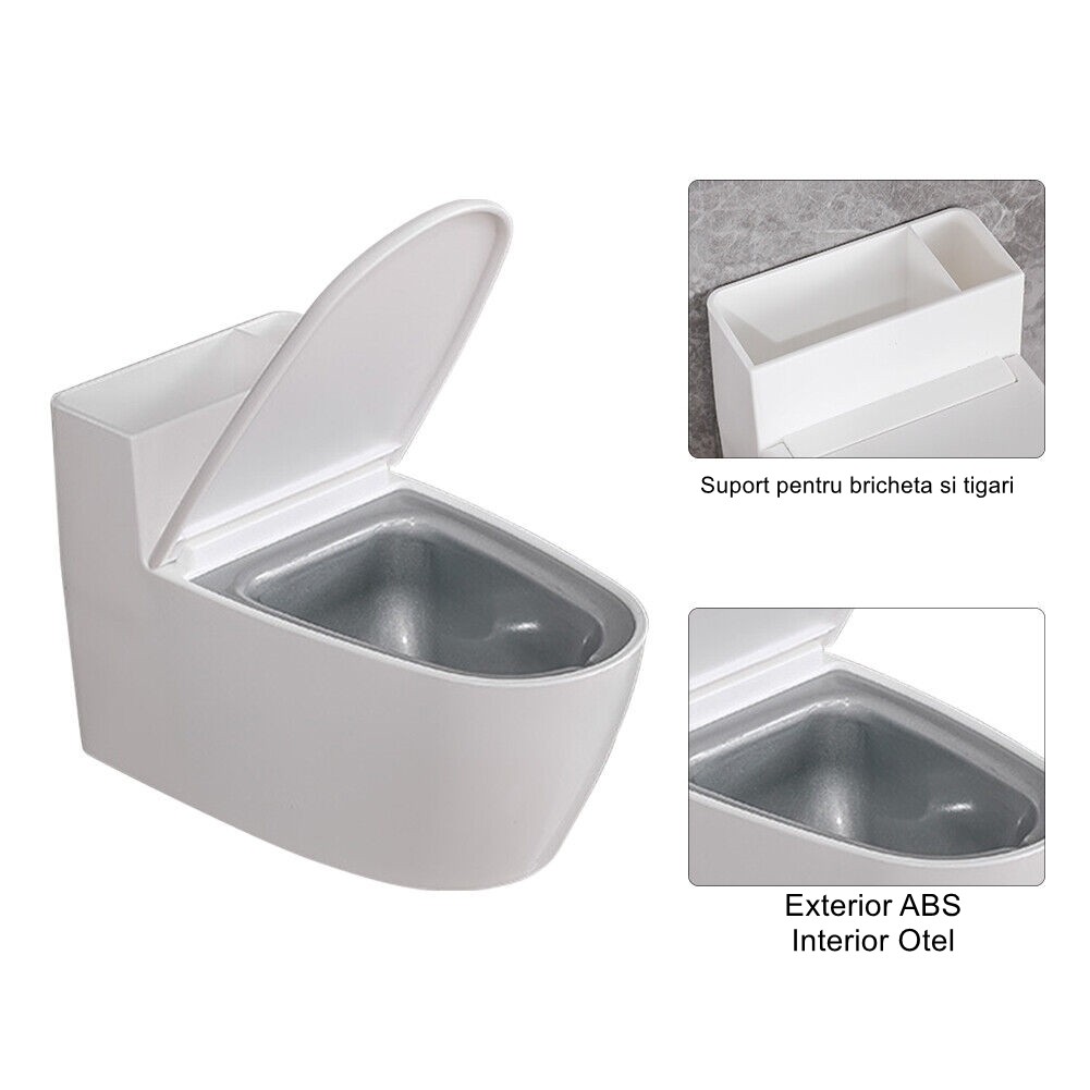 Scrumiera creativa Flippy, Forma de Toaleta, Capac Alb , Material ABS si Otel Inoxidabil, 12.5 x 10 x 8 cm, Fixare prin Lipire sau De Sine Statator, pentru Baie, Camera, Bucatarie, Balcon, Alb, model  [8]