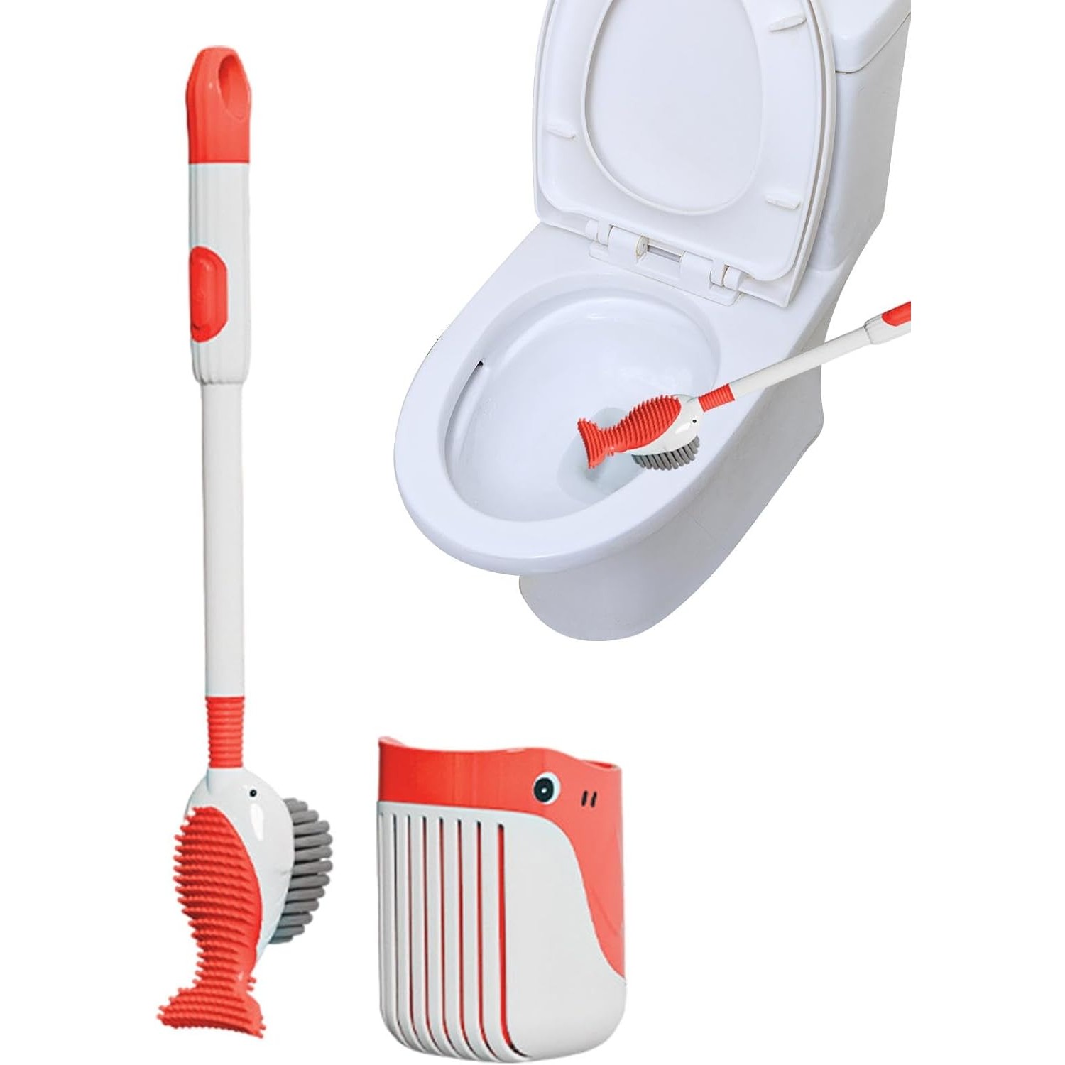 Perie de Toaleta , cu Suport de Perete, Recipient Detergent, 2 Tipuri de Perii, Model Balena, Rosu [6]