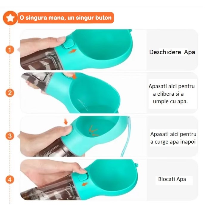 Sticla portabila 4 in 1  , pentru caini si pisici, cu 3 compartimente + lopetica, 300ml, apa, hrana, pungi igienice, lopetica, 26.7 x 9.7 x 9.4 cm, turcoaz [5]