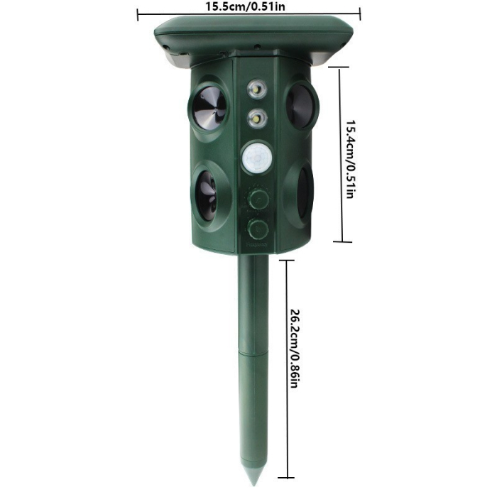 Aparat Solar LED cu Ultrasunete, Flippy, Repelent pentru Animale Mari si Mici, Lumina Rosie si Alba, Anti Rozatoare, Anti Insecte, Frecventa 13.5KHZ-45.5KHZ, Senzor PIR, 15.5 x 15.4 x 26.2 cm, Verde [7]