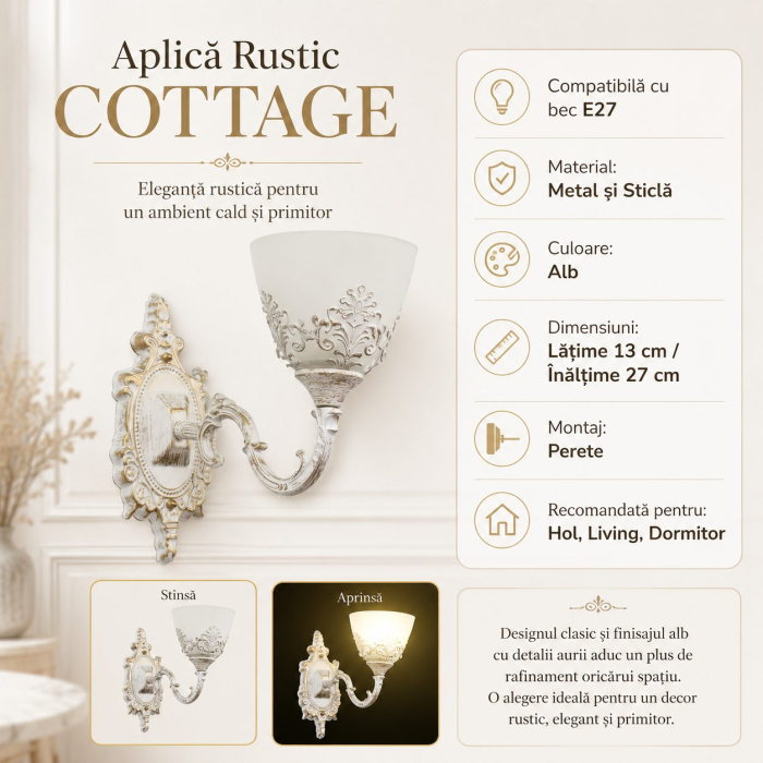 Aplica Interior, Flippy, 1 Sursa E27, Abajur din Sticla, Montaj pe Perete, Alb [2]