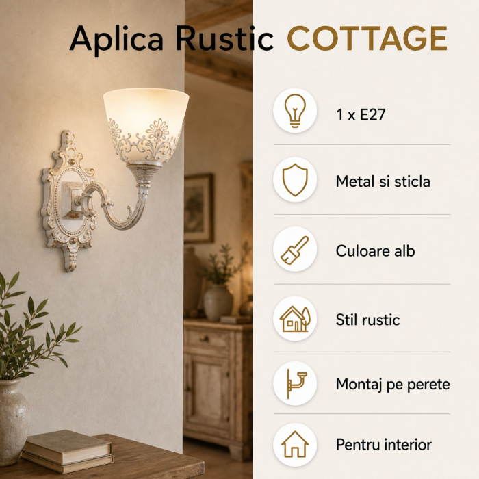 Aplica Interior, Flippy, 1 Sursa E27, Abajur din Sticla, Montaj pe Perete, Alb [8]
