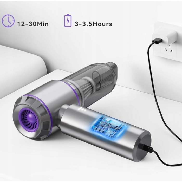 Aspirator Portabil Auto, Flippy, pentru Casa si Masina, 3 Viteze, Incarcator Tip-C cu Incarcare Rapida, Tub Prelungitor, 2000mAh, 7 Capete de Aspirare si Suflare, 21x20x6.5 cm, Argintiu Mov [12]