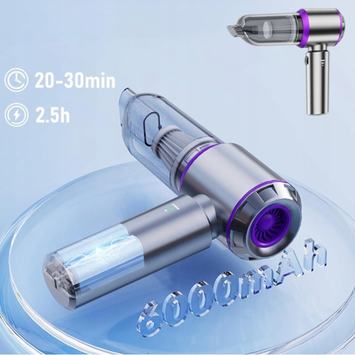 Aspirator Portabil Auto, Flippy, pentru Casa si Masina, 3 Viteze, Incarcator Tip-C cu Incarcare Rapida, Tub Prelungitor, 2000mAh, 7 Capete de Aspirare si Suflare, 21x20x6.5 cm, Argintiu Mov [9]