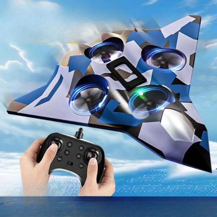 Avion de Lupta cu Telecomanda, Flippy, Tip Drona, din EVA (Spuma), cu Telecomanda, Incarcare USB, 2.4 GHz, Rotire 360°, Zbor pana la 100 m, LED, 24 x 25.5 x 4.2 cm, Model Army, Albastru [5]