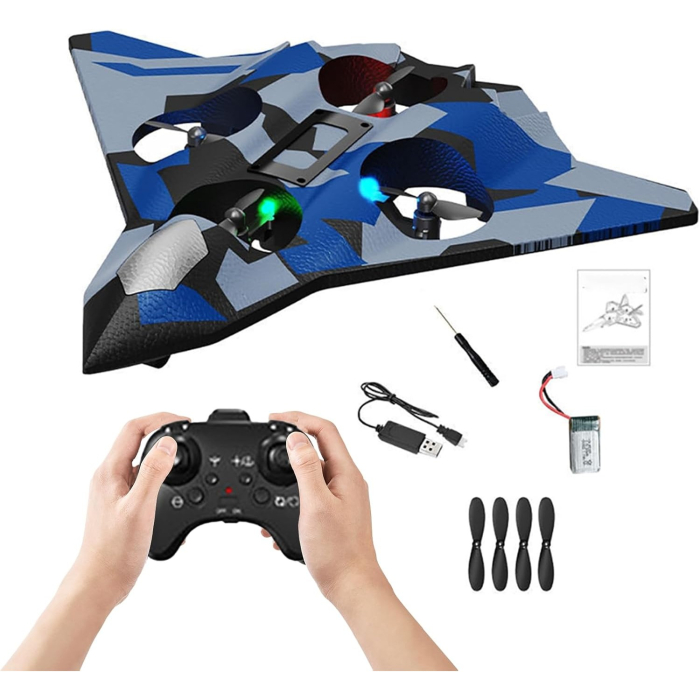 Avion de Lupta cu Telecomanda, Flippy, Tip Drona, din EVA (Spuma), cu Telecomanda, Incarcare USB, 2.4 GHz, Rotire 360°, Zbor pana la 100 m, LED, 24 x 25.5 x 4.2 cm, Model Army, Albastru [6]