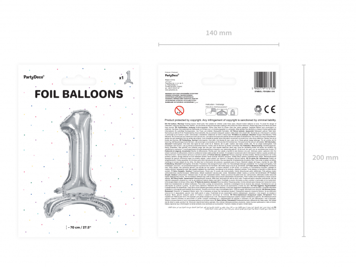 Balon folie cu suport Numărul "1", 70 cm, argintiu (1 pachet / 1 buc.) [3]