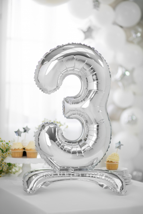 Balon folie cu suport Numărul "3", 70 cm, argintiu (1 pachet / 1 buc.) [3]