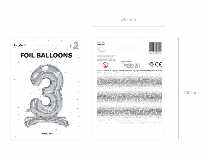 Balon folie cu suport Numărul "3", 70 cm, argintiu (1 pachet / 1 buc.) [2]