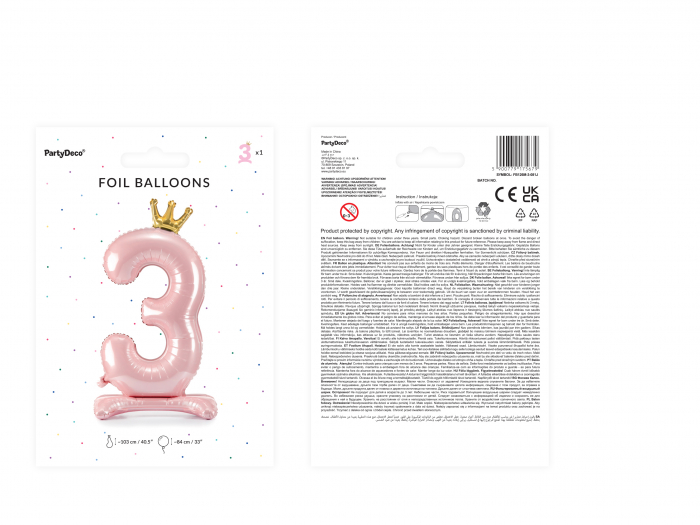 Balon folie cu suport Numărul "3", 84 cm, roz deschis (1 pachet / 1 buc.) [2]