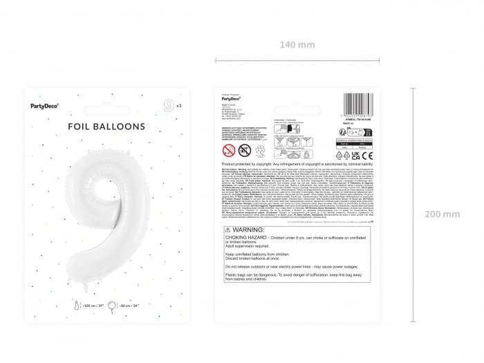 Balon folie Numărul "9", 86 cm, alb (1 pachet / 1 buc.) [2]