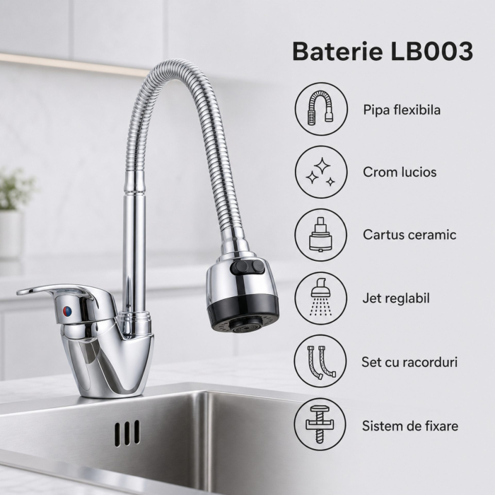 Baterie Bucatarie Crom Lucios LB003, Pipa Flexibila, Cartus Ceramic, Set Complet cu Racorduri si Sistem de Fixare [10]