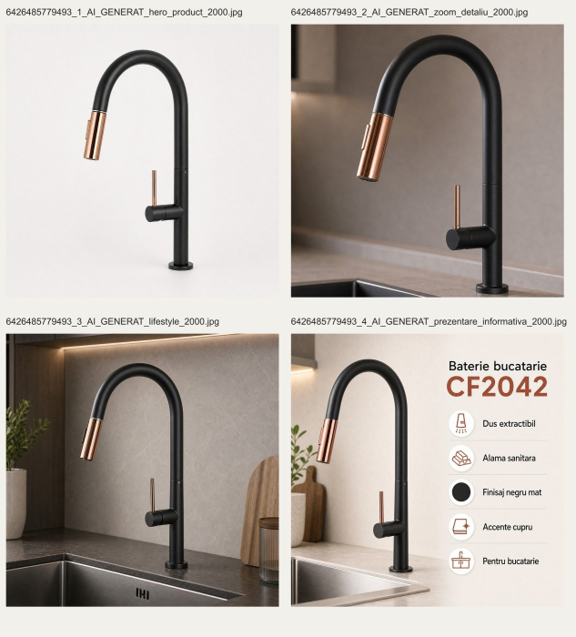 Baterie Bucatarie cu Dus Extractibil, Alama Sanitara, Negru, CF2042 [17]