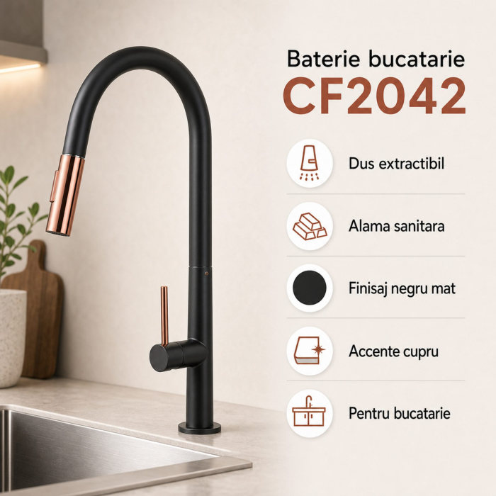 Baterie Bucatarie cu Dus Extractibil, Alama Sanitara, Negru, CF2042 [16]