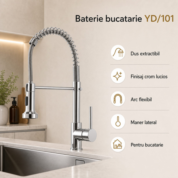 Baterie Bucatarie cu Dus Extractibil, Inox si Alama Crom, YD/101 [12]